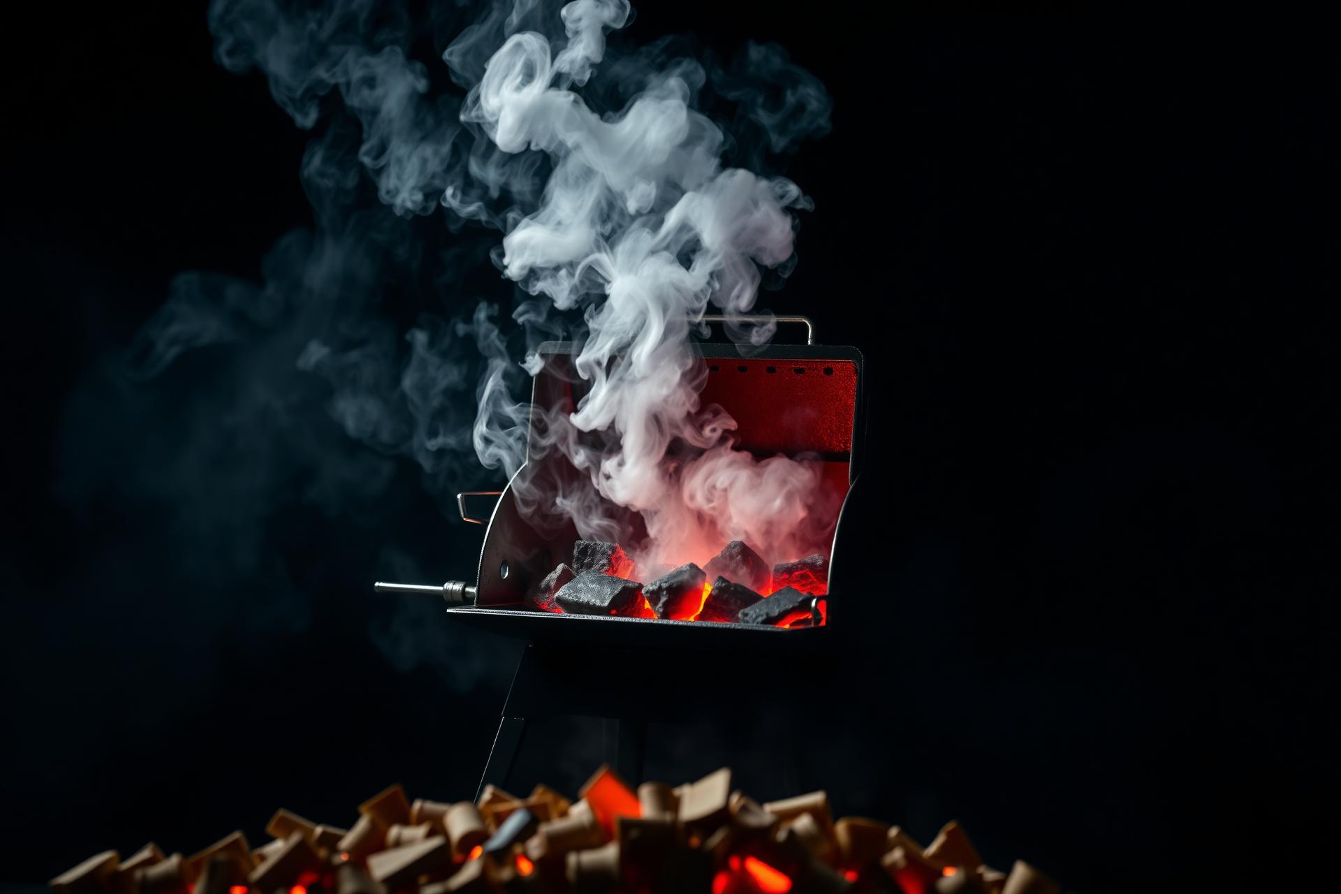 Backyard smoker with rising smoke and glowing embers